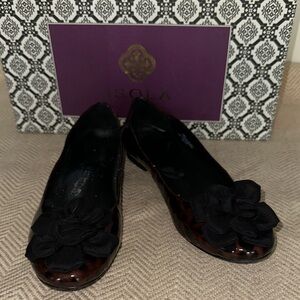 Isola Women's Tortoise-shell Flats with Black Ribbon Floral Detail